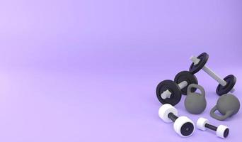 Poids 3d, haltère et kettlebell sur fond violet, concept d'exercice d'illustration de rendu 3d et fond blanc pour l'espace de copie photo