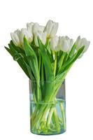 bouquet de tulipes blanches en fleurs dans un vase en verre transparent isolé sur fond blanc photo