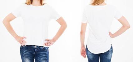 vues avant et arrière de l'ensemble, collage femme en t-shirt isolé sur fond blanc photo