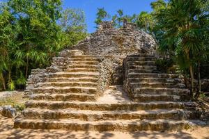 Ruines mayas à l'ombre des arbres dans la forêt tropicale de la jungle playa del carmen, riviera maya, yu atan, mexique photo