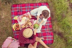 vue de dessus du couple profitant de l'heure du pique-nique photo