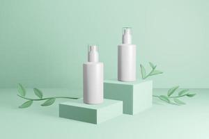 flacon pulvérisateur blanc beauté cosmétique stand vert podium maquette vierge illustration 3d avec fond naturel vert photo