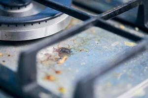 cuisinière à gaz sale avec des restes de nourriture et des miettes photo