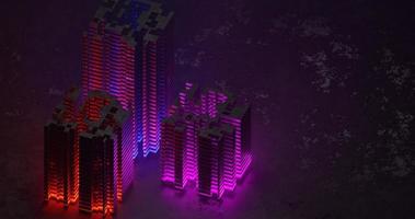 arrière-plan abstrait utilisant des motifs de cubes empilés comme des bâtiments de couleur néon, c'est-à-dire violet, rouge et bleu, caméra orthographique, rendu 3d et taille 4k photo