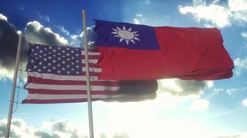 drapeau de taïwan et des états-unis sur le mât. taïwan et les états-unis agitant le drapeau dans le vent. concept diplomatique de taiwan et des états-unis. illustration 3d photo