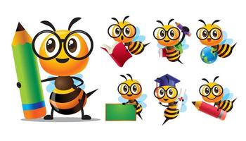 dessin animé mignon personnage d'abeille avec des lunettes retour à la série scolaire avec différentes poses. abeille mignonne tenant un crayon, tenant un livre, portant un tableau noir et un globe. illustration de jeu de mascotte d'abeille photo