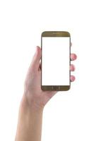 main tenant un téléphone intelligent mobile isolé sur fond blanc, chemin de détourage photo