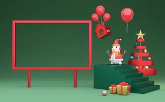 cadre vide et bonhomme de neige avec sapin de noël et composition géométrique en vert pour site web ou affiche ou cartes de bonheur, bannière de noël et nouvel an festif, illustration 3d réaliste ou rendu 3d photo