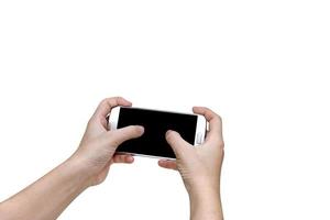 femme utilisant un téléphone intelligent mobile isolé sur fond blanc, chemin de détourage photo