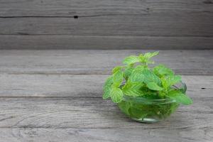 menthe dans le bol en verre transparent sur fond de bois photo