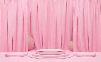 podium vide avec des formes géométriques et un rideau en composition pastel rose pour un affichage sur scène moderne et une maquette minimaliste, arrière-plan abstrait de vitrine, illustration 3d de concept ou rendu 3d photo