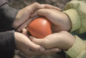 une main tenant un coeur rouge.elle est la main gauche ou droite le tenant sur fond vert.santé cardiaque, bonne charité bénévole, la photo montre le principe de la bienveillance et de la bonne santé.