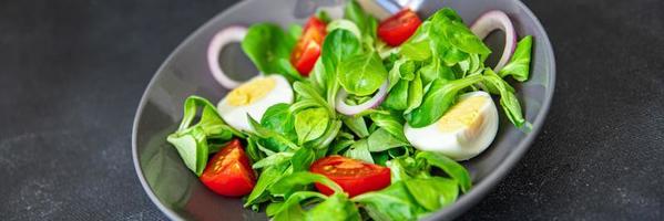 salade d'oeufs légumes tomate, oignon, feuilles laitue mélange vert frais repas sain nourriture collation régime alimentaire sur la table copie espace arrière-plan alimentaire photo