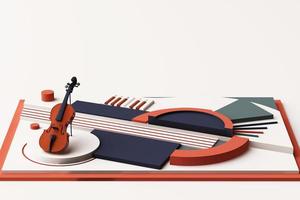 concept de violon et d'instrument de musique, composition abstraite de plates-formes de formes géométriques dans les tons orange et bleu. rendu 3d photo