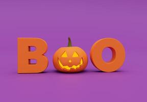 boo joyeux jour d'halloween, conception de lettrage avec citrouille souriante sur fond violet, tour ou friandise, rendu 3d photo