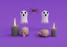 Rendu 3d de la scène d'halloween, fantôme blanc, crâne et effrayant, élément de conception d'arrière-plan minimal d'halloween photo