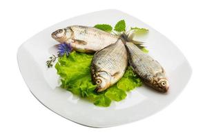 poisson carassin sur la plaque et fond blanc photo