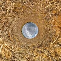 boule de ciel bleu au milieu du champ tourbillonnant. inversion de minuscule planète transformation de panorama sphérique à 360 degrés. courbure de l'espace. photo