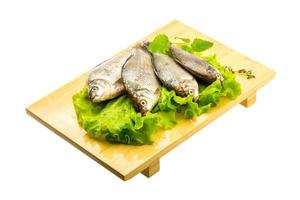 poisson carassin sur planche de bois et fond blanc photo