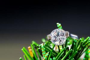 anneaux de mariage en diamant sur des feuilles vertes photo