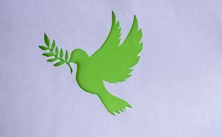 un pochoir d'un pigeon avec une brindille, découpé dans du papier blanc sur fond vert pour la journée mondiale de la paix. journée mondiale de la science pour la paix et le développement photo