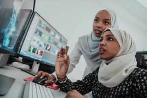 amis au bureau deux jeunes femmes d'affaires musulmanes modernes afro-américaines portant un foulard dans un lieu de travail créatif et lumineux avec un grand écran photo