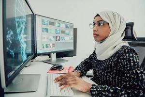 jeune femme d'affaires musulmane moderne afro-américaine portant un foulard dans un lieu de travail créatif et lumineux avec un grand écran. photo