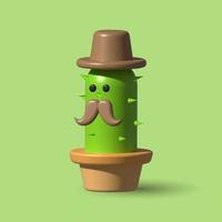 illustration 3d, cactus drôle dans un pot, avec une moustache et un chapeau. icône, clipart, design coloré de dessin animé photo
