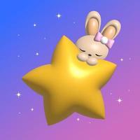 illustration 3d, joli lapin endormi sur une étoile jaune sur fond de ciel étoilé. design coloré, impression pour enfants, clipart photo