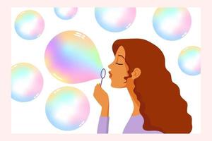 fille et bulles de savon colorées. la fille souffle des bulles de savon. impression, clipart, carte postale bébé photo