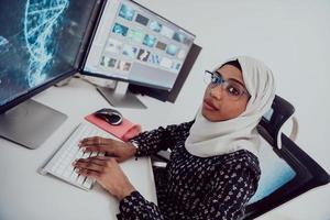 jeune femme d'affaires musulmane moderne afro-américaine portant un foulard dans un lieu de travail créatif et lumineux avec un grand écran. photo