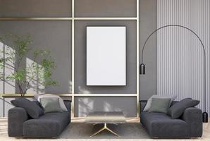 cadre d'affiche maquette dans un intérieur moderne entièrement meublé, fond de chambres, salon, style scandinave photo
