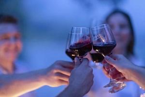 amis portant un verre de vin rouge tout en pique-nique dîner français en plein air photo