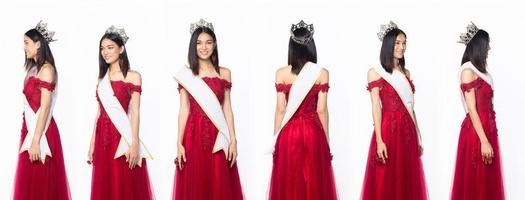 la moitié du corps du concours de concours de beauté miss porte une robe de soirée rouge à paillettes avec une couronne de diamants photo