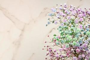 fleurs de gipsophile de couleur arc-en-ciel sur fond de marbre avec espace de copie. arrangement de fleurs. photo
