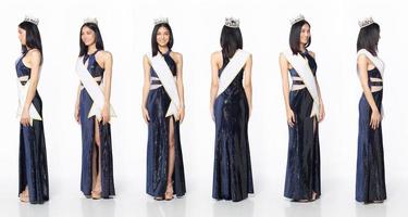 concours de concours de beauté miss beauté porter une robe de soirée bleue à paillettes avec couronne de diamants photo