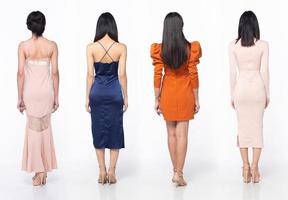 collage pleine longueur corps d'une belle femme asiatique porter une robe de soirée à paillettes, faire demi-tour vue arrière photo