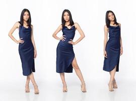 corps entier d'une belle femme asiatique portant une robe de soirée bleue à paillettes photo