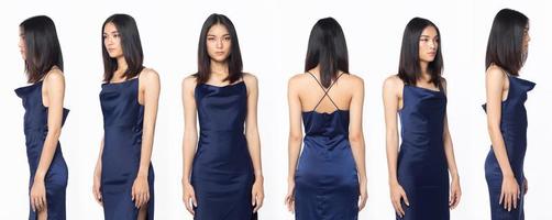 la moitié du corps d'une belle femme asiatique porte une robe de soirée bleue à paillettes photo
