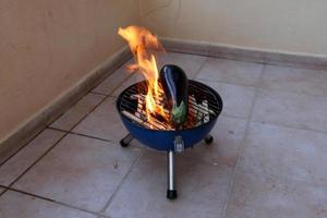 les légumes et la viande sont frits sur le gril. photo