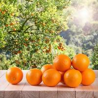 Orange fraîche sur table en bois dans le jardin photo