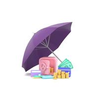 parapluie violet tas de pièces d'or, billets de banque et coffre-fort. photo