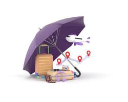 concept d'entreprise d'assurance voyage. parapluie violet couverture avion et valises. photo