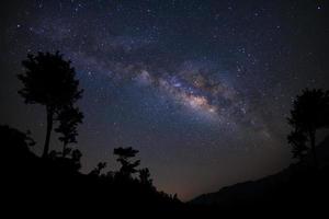 paysage avec voie lactée, ciel nocturne avec étoiles et silhouette d'arbre, photographie longue exposition, avec grain. photo