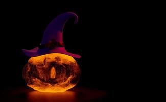 Fête de vacances de citrouille d'halloween 3d avec jack o lanterne effrayée et lumière de bougie dans la citrouille, chapeau pointu de sorcière violette, minimal pour joyeux halloween, illustration de rendu 3d photo