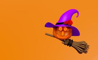 Fête de vacances de citrouille d'halloween 3d avec jack o lanterne effrayée et lumière de bougie dans le vol de citrouille, chapeau pointu de sorcière violette, balai, minimal pour joyeux halloween, illustration de rendu 3d photo