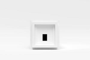 vue de face de la forme de cube de maison blanche avec entrée sur fond blanc. architecture moderne avec bâtiment vide. entreprise de construction de concept. concepts de design futuriste rendu 3d photo