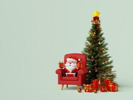 bannière de noël du père noël avec arbre de noël et cadeau, illustration 3d photo