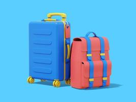 rendu 3d. valise multicolore et sac à dos touristique sur fond bleu. photo