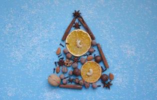 arbre de noël fait de noisettes, noix, épices et tranches d'orange, neige de chips de noix de coco sur fond bleu photo
